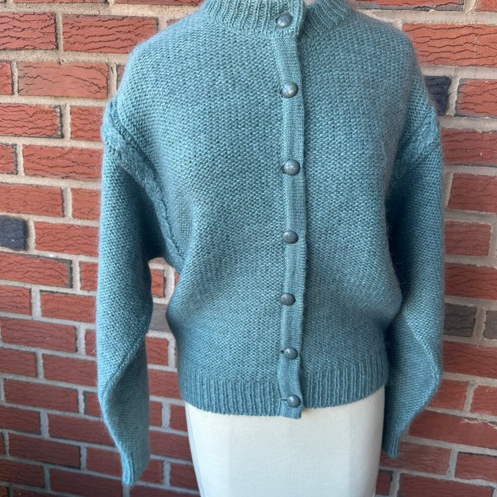Hand Knitted Wool/Mohair/ Acrylic Azure Blue Cardigan - S-M